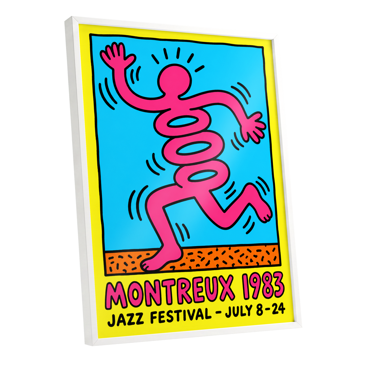 Montreux Motion, pink, blue, yellow abstract wall art shown as a white framed poster wall art print