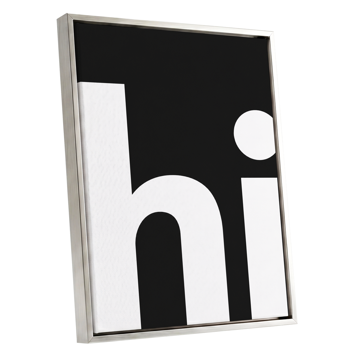 Monumental Letterform, black, white minimalist wall art shown as a silver framed canvas wall art