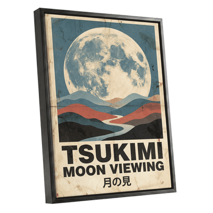 Moon Over Painted Valleys, beige, blue, red nature wall art shown as a black framed canvas wall art