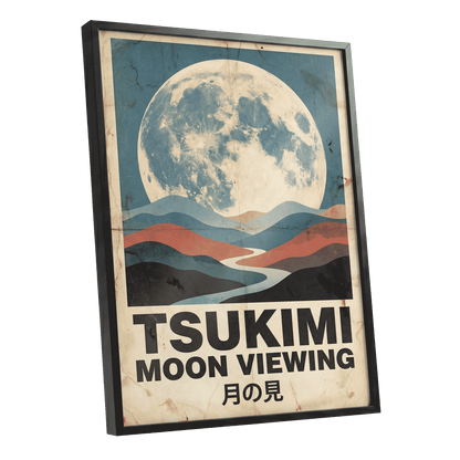 Moon Over Painted Valleys, beige, blue, red nature wall art shown as a black framed poster wall art print