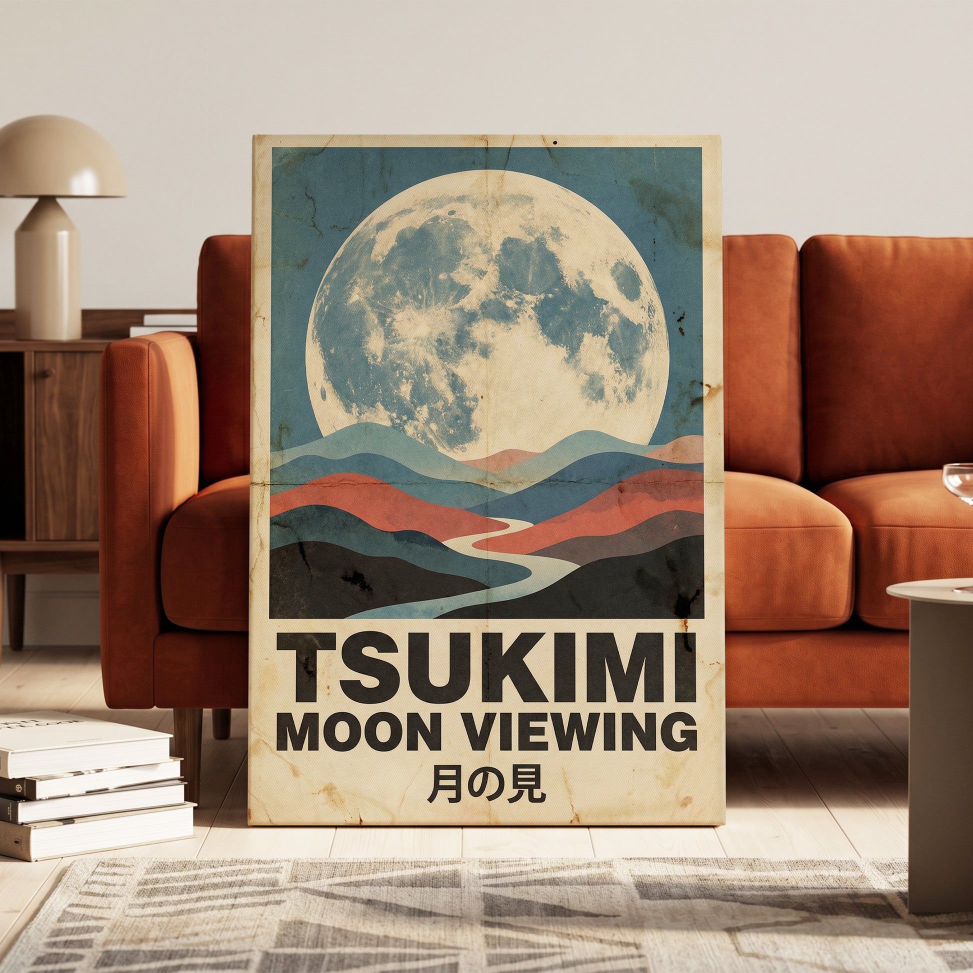 Moon Over Painted Valleys, beige, blue, red nature wall art on canvas displayed in a styled interior, gallery view 1