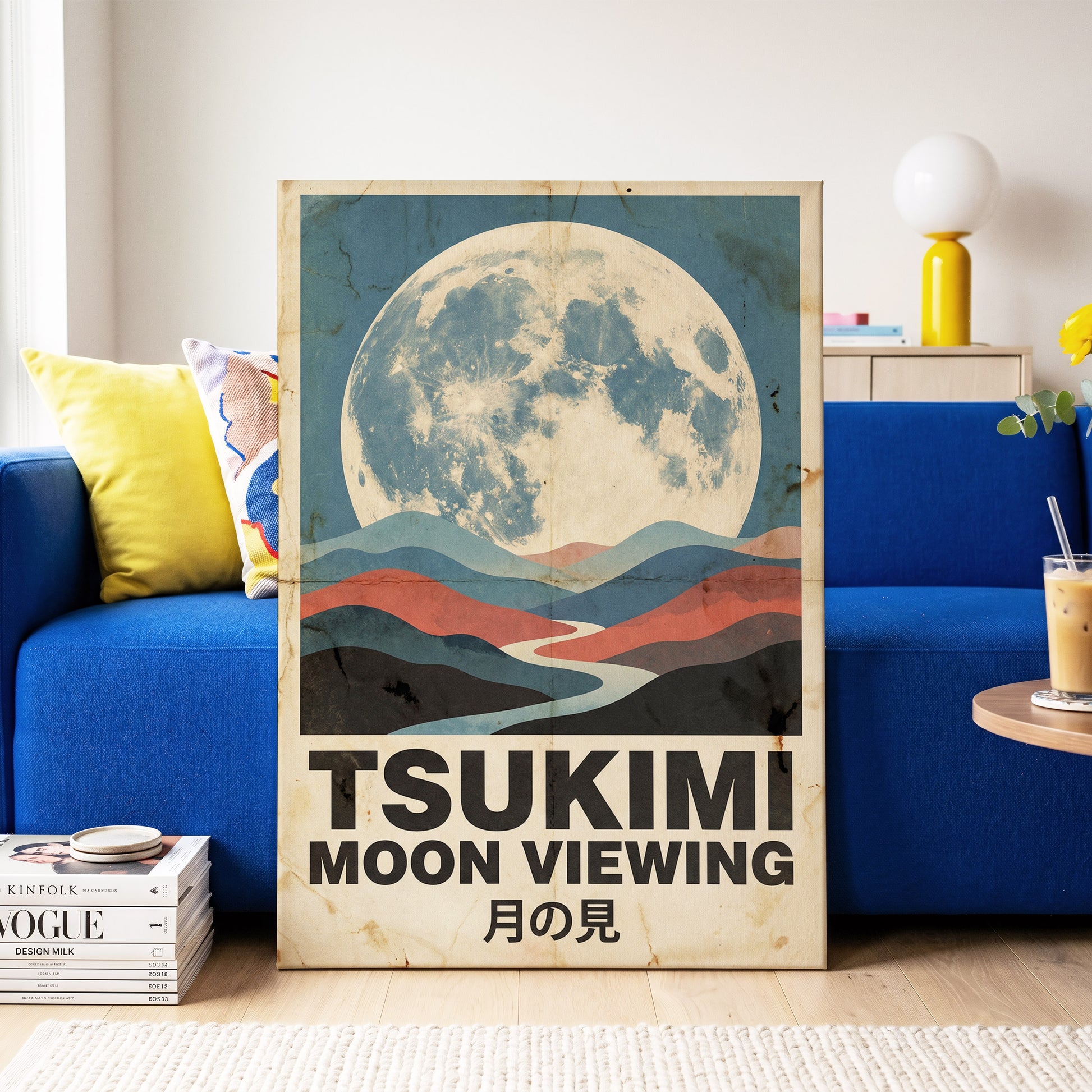 Moon Over Painted Valleys, beige, blue, red nature wall art on canvas displayed in a styled interior, gallery view 2