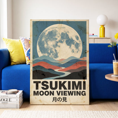 Moon Over Painted Valleys, beige, blue, red nature wall art on canvas displayed in a styled interior, gallery view 2