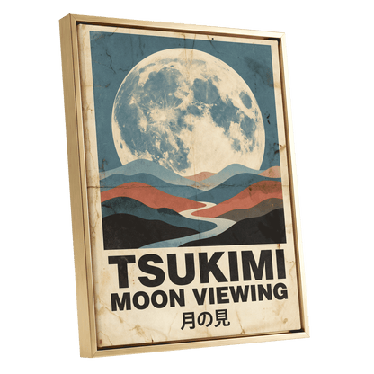 Moon Over Painted Valleys, beige, blue, red nature wall art shown as a gold framed canvas wall art