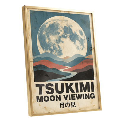 Moon Over Painted Valleys, beige, blue, red nature wall art shown as a gold framed poster wall art print