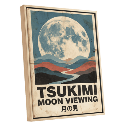 Moon Over Painted Valleys, beige, blue, red nature wall art shown as a oak framed canvas wall art