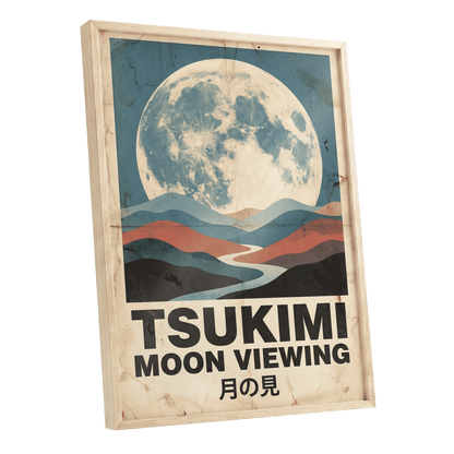 Moon Over Painted Valleys, beige, blue, red nature wall art shown as a oak framed poster wall art print