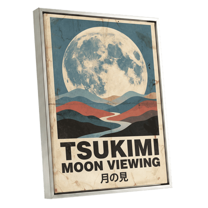 Moon Over Painted Valleys, beige, blue, red nature wall art shown as a silver framed canvas wall art