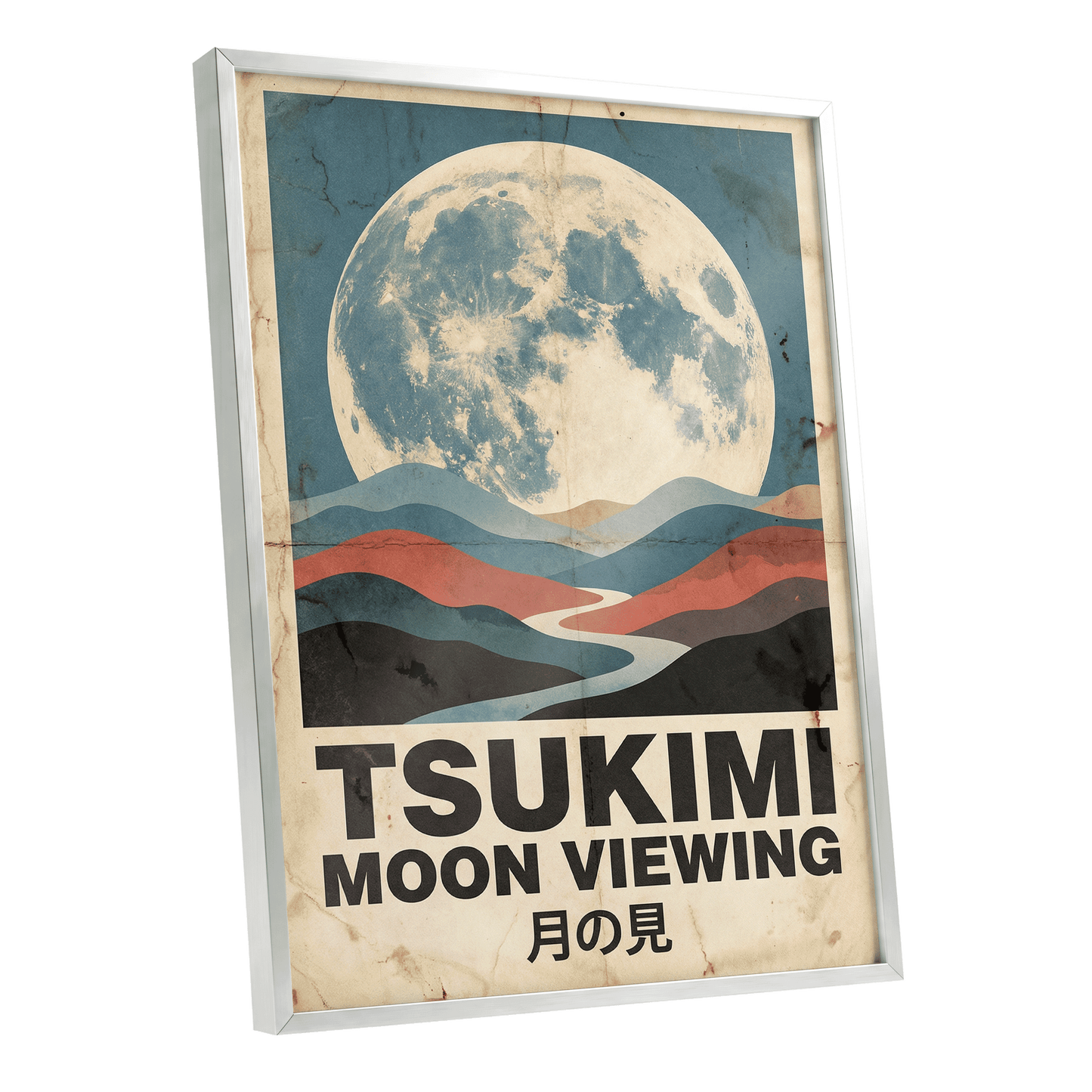 Moon Over Painted Valleys, beige, blue, red nature wall art shown as a silver framed poster wall art print