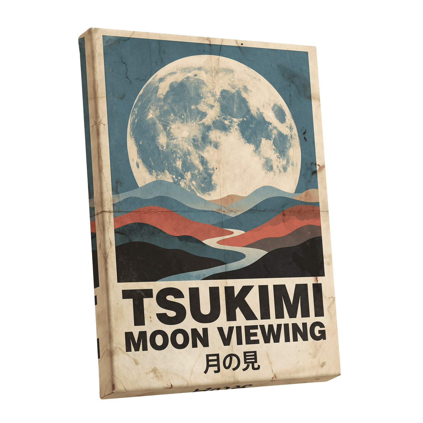 Moon Over Painted Valleys, beige, blue, red nature wall art shown as a stretched canvas wall art