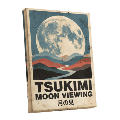 Moon Over Painted Valleys, beige, blue, red nature wall art shown as a stretched canvas wall art