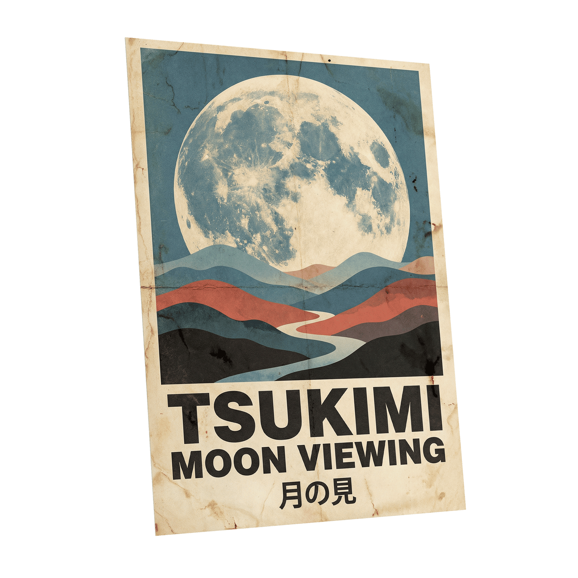 Moon Over Painted Valleys, beige, blue, red nature wall art shown as a unframed poster wall art print