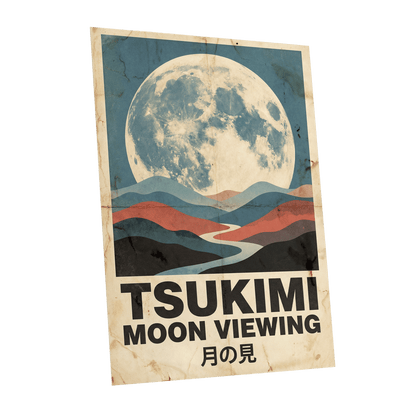 Moon Over Painted Valleys, beige, blue, red nature wall art shown as a unframed poster wall art print
