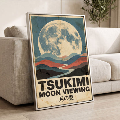 Moon Over Painted Valleys, beige, blue, red nature wall art displayed in a styled interior, gallery view 2