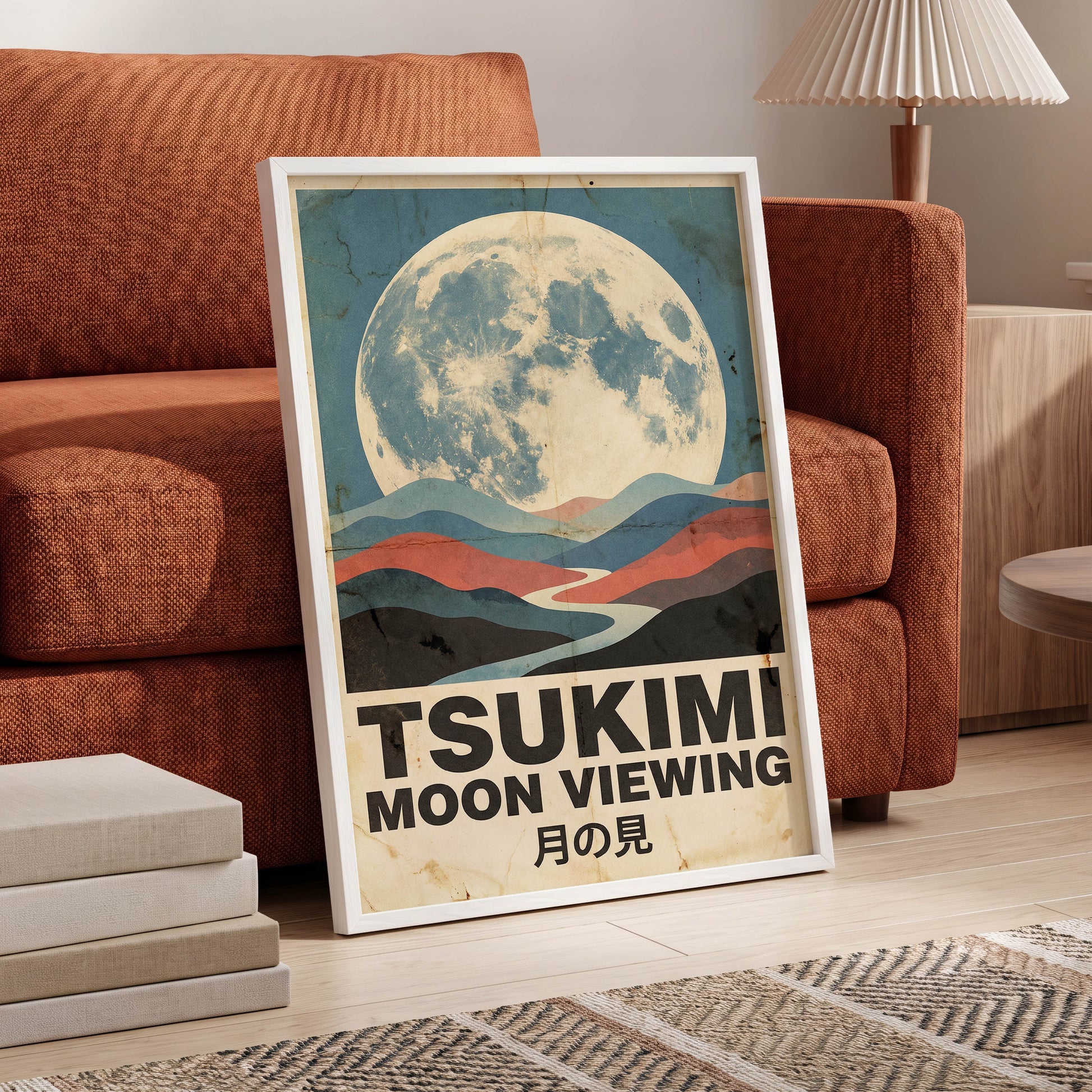 Moon Over Painted Valleys, beige, blue, red nature wall art displayed in a styled interior, gallery view 6