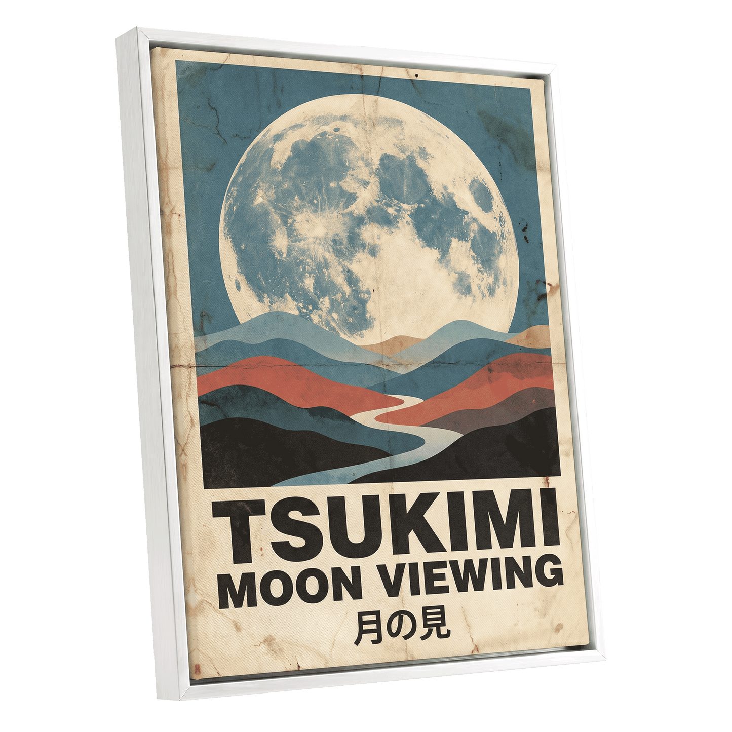 Moon Over Painted Valleys, beige, blue, red nature wall art shown as a white framed canvas wall art