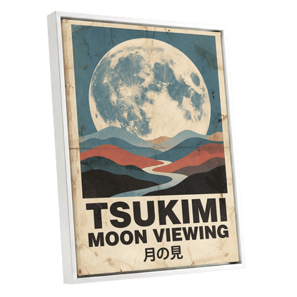 Moon Over Painted Valleys, beige, blue, red nature wall art shown as a white framed canvas wall art