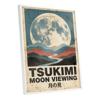 Moon Over Painted Valleys, beige, blue, red nature wall art shown as a white framed poster wall art print