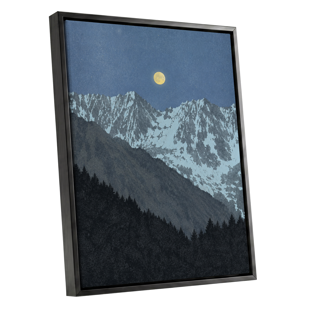 Moon Over Silent Peaks, blue, gray, black nature wall art shown as a black framed canvas wall art