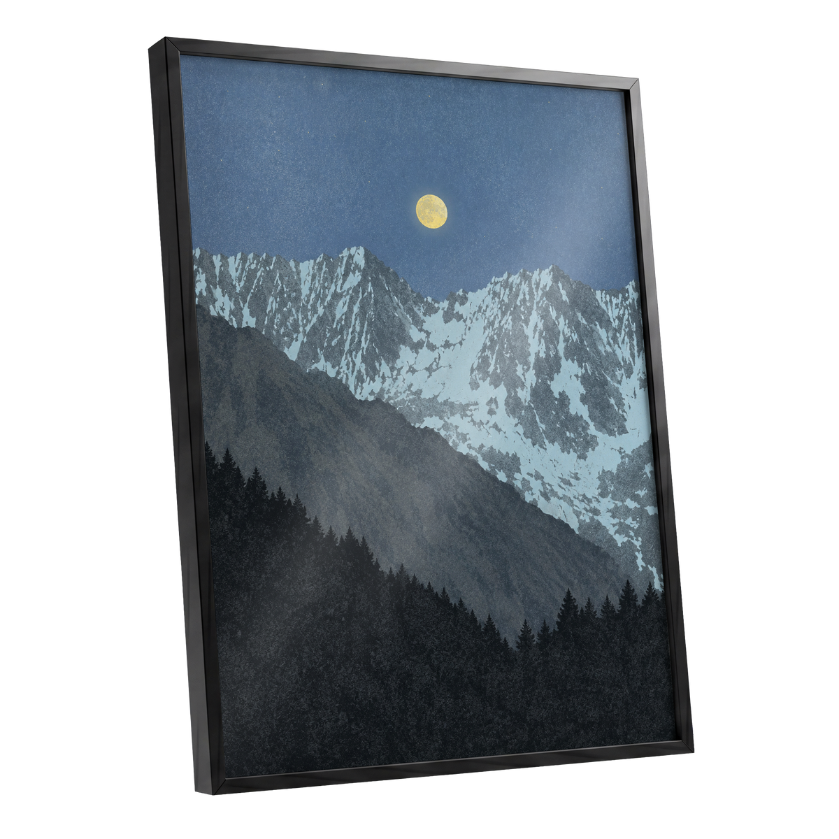 Moon Over Silent Peaks, blue, gray, black nature wall art shown as a black framed poster wall art print