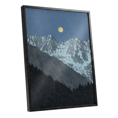 Moon Over Silent Peaks, blue, gray, black nature wall art shown as a black framed poster wall art print