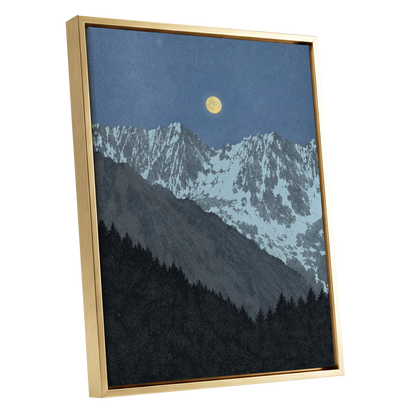 Moon Over Silent Peaks, blue, gray, black nature wall art shown as a gold framed canvas wall art
