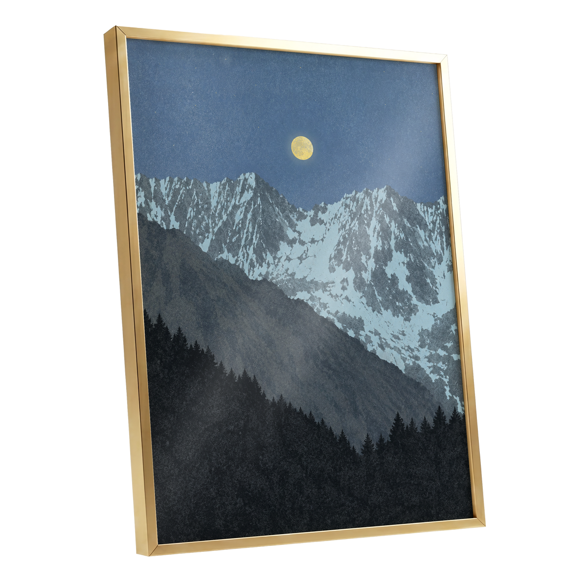 Moon Over Silent Peaks, blue, gray, black nature wall art shown as a gold framed poster wall art print