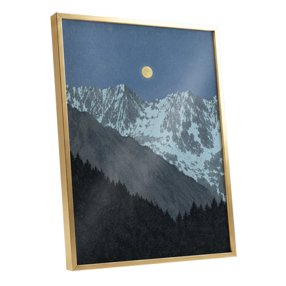 Moon Over Silent Peaks, blue, gray, black nature wall art shown as a gold framed poster wall art print