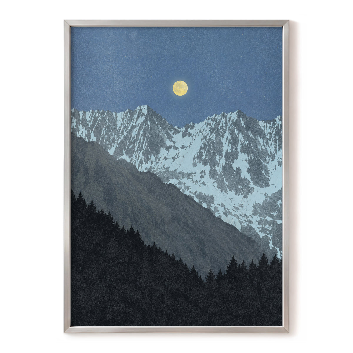 Moon Over Silent Peaks, blue, gray, black nature wall art, front artwork view