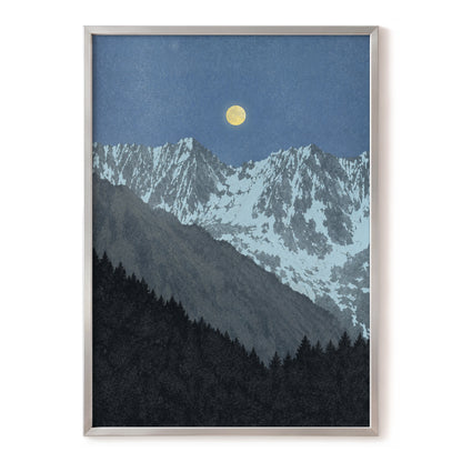 Moon Over Silent Peaks, blue, gray, black nature wall art, front artwork view