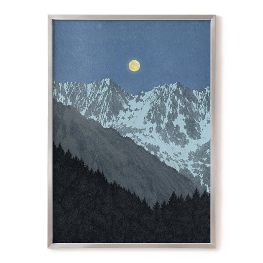 Moon Over Silent Peaks, blue, gray, black nature wall art, front artwork view