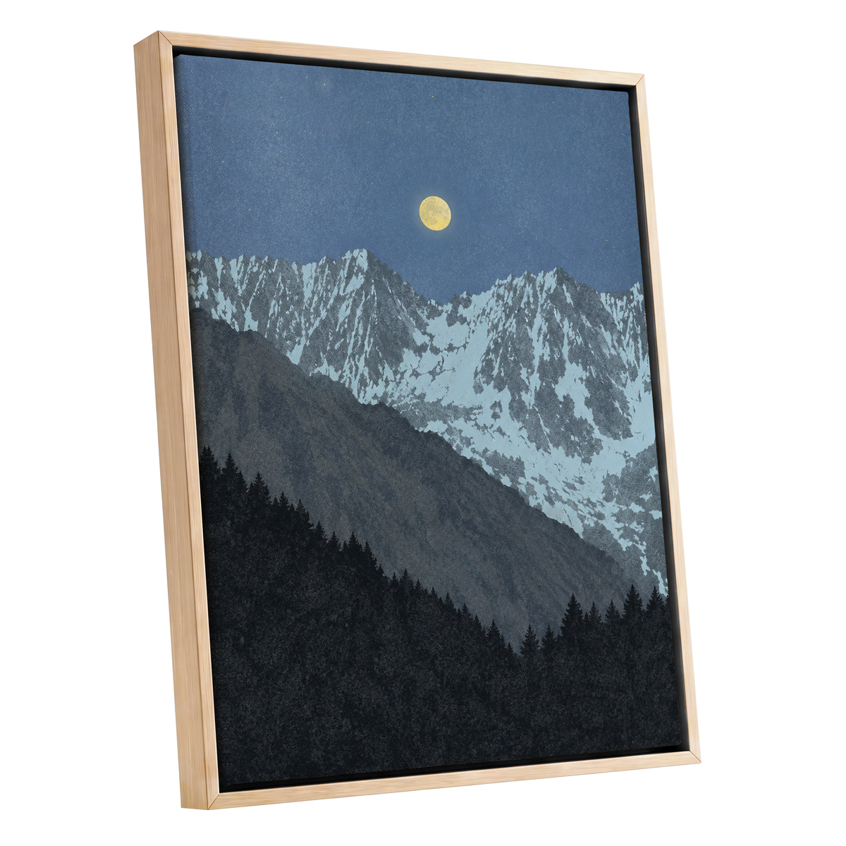 Moon Over Silent Peaks, blue, gray, black nature wall art shown as a oak framed canvas wall art