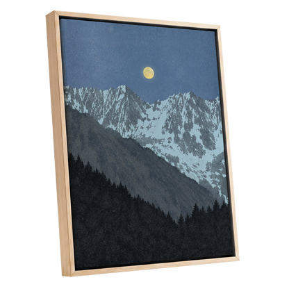 Moon Over Silent Peaks, blue, gray, black nature wall art shown as a oak framed canvas wall art