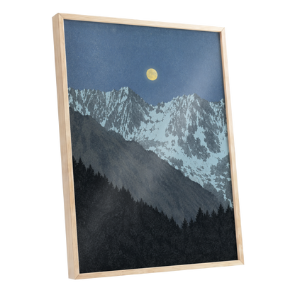 Moon Over Silent Peaks, blue, gray, black nature wall art shown as a oak framed poster wall art print