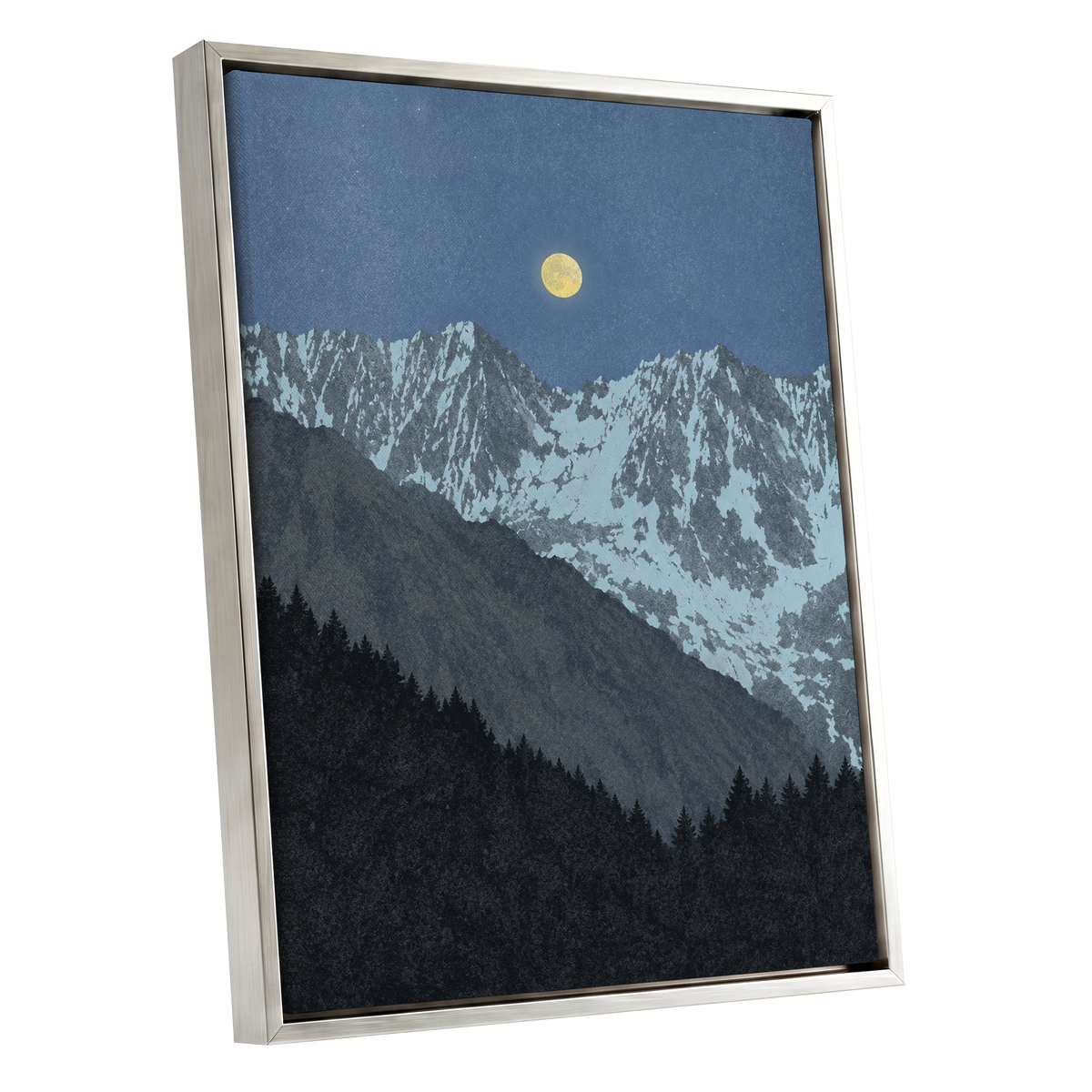 Moon Over Silent Peaks, blue, gray, black nature wall art shown as a silver framed canvas wall art