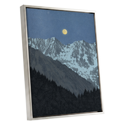 Moon Over Silent Peaks, blue, gray, black nature wall art shown as a silver framed canvas wall art