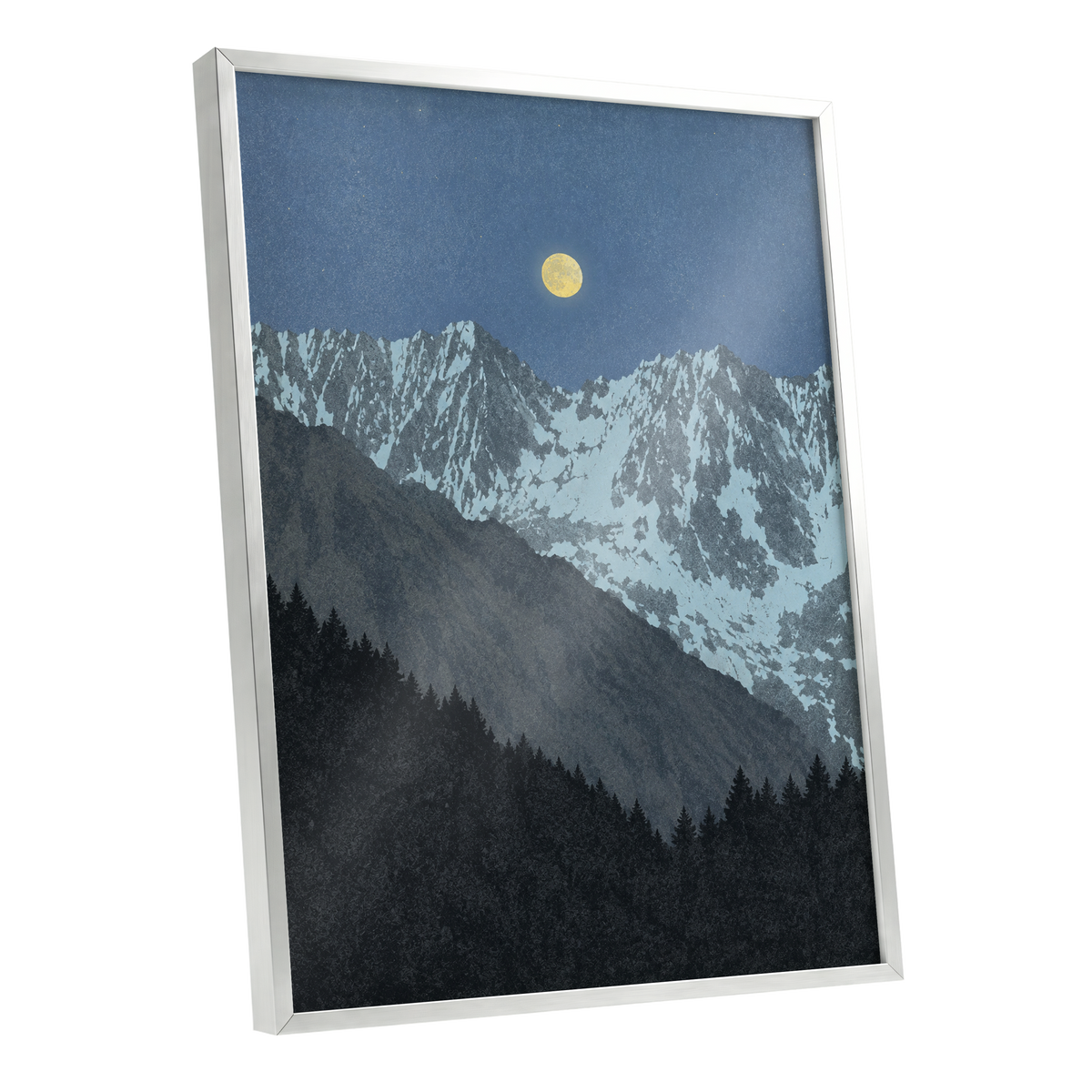 Moon Over Silent Peaks, blue, gray, black nature wall art shown as a silver framed poster wall art print
