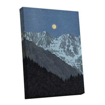 Moon Over Silent Peaks, blue, gray, black nature wall art shown as a stretched canvas wall art