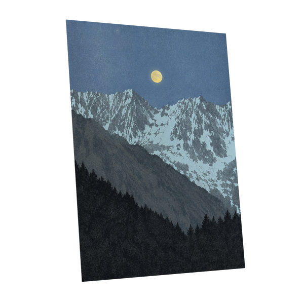 Moon Over Silent Peaks, blue, gray, black nature wall art shown as a unframed poster wall art print