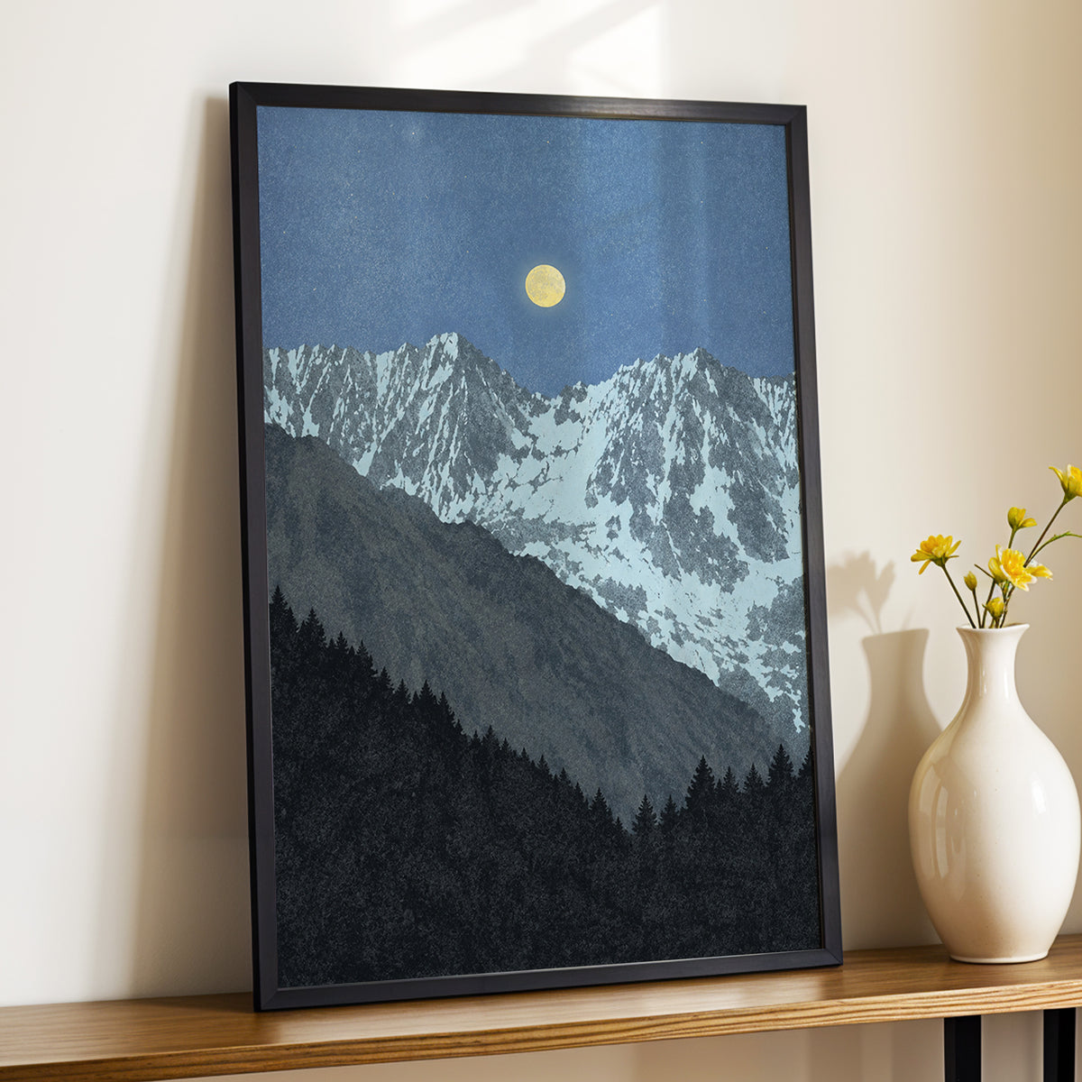 Moon Over Silent Peaks, blue, gray, black nature wall art displayed in a styled interior, gallery view 2