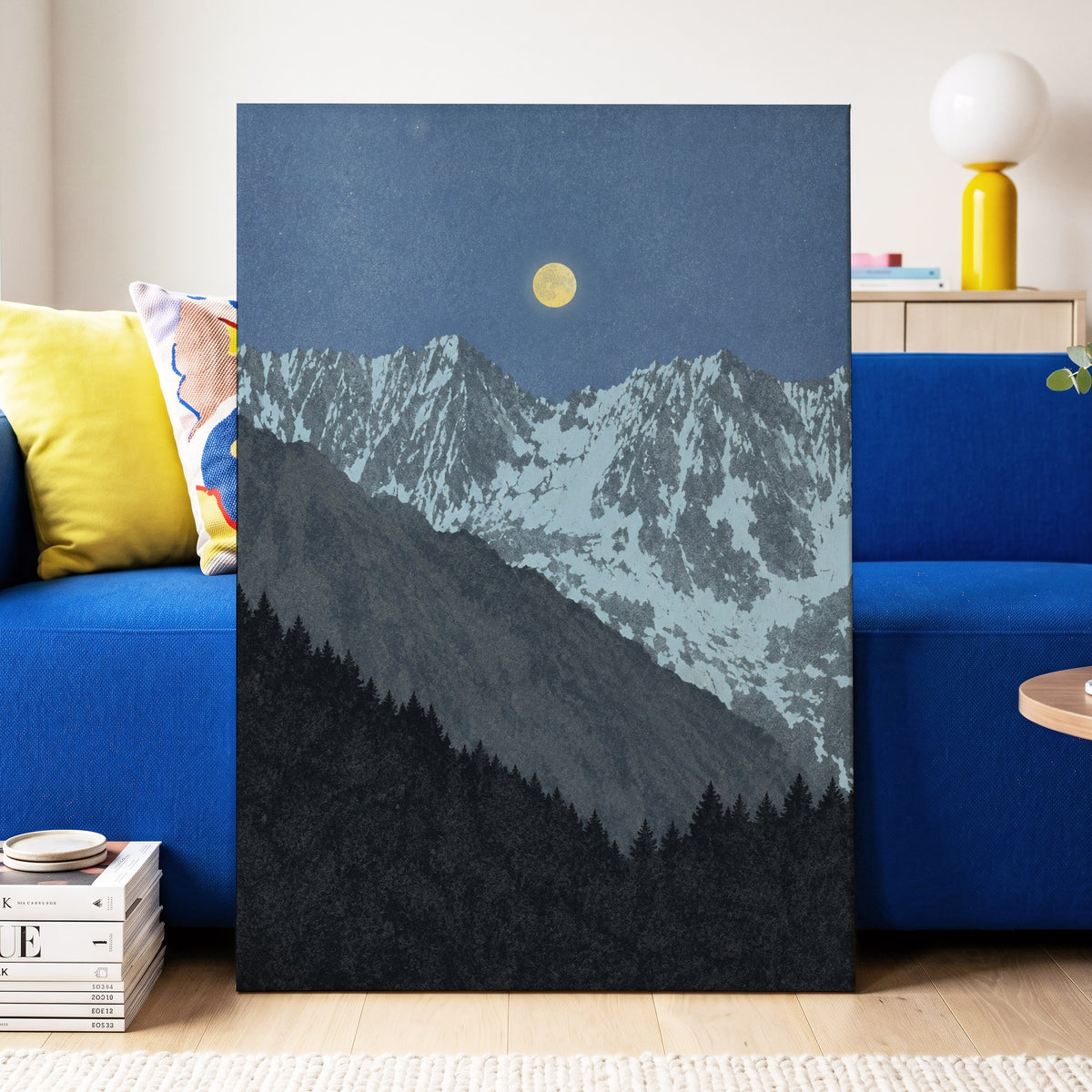 Moon Over Silent Peaks, blue, gray, black nature wall art displayed in a styled interior, gallery view 3