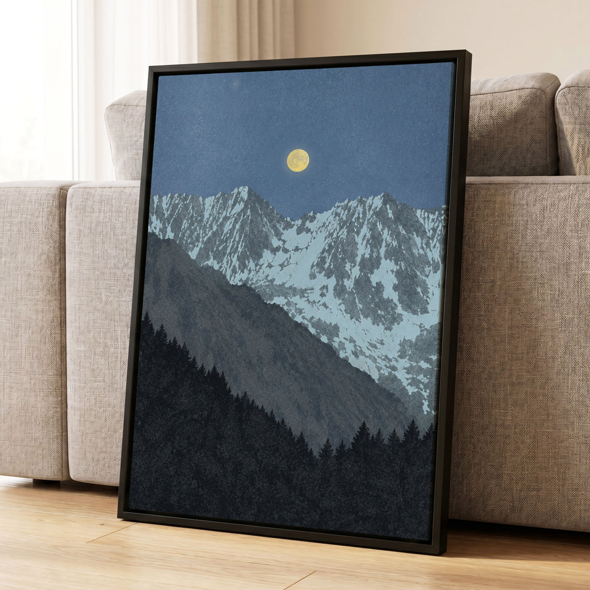 Moon Over Silent Peaks, blue, gray, black nature wall art displayed in a styled interior, gallery view 4