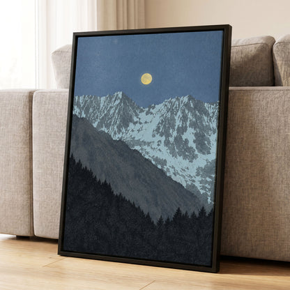 Moon Over Silent Peaks, blue, gray, black nature wall art displayed in a styled interior, gallery view 4