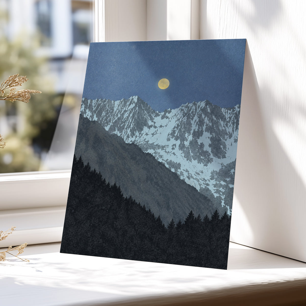 Moon Over Silent Peaks, blue, gray, black nature wall art displayed in a styled interior, gallery view 5