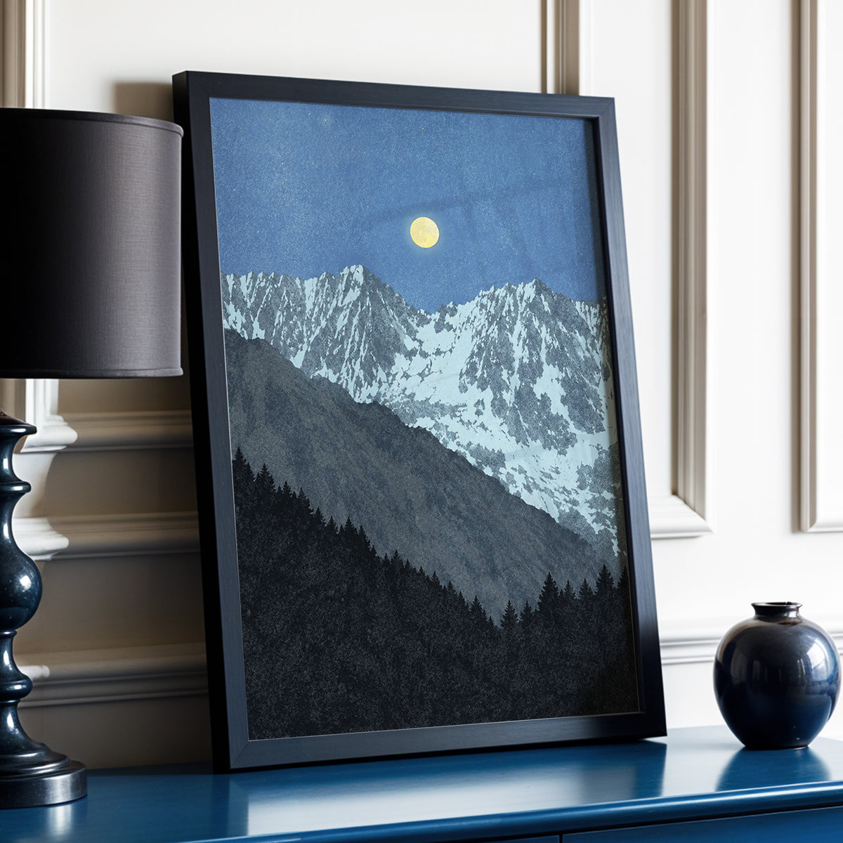Moon Over Silent Peaks, blue, gray, black nature wall art displayed in a styled interior, gallery view 6