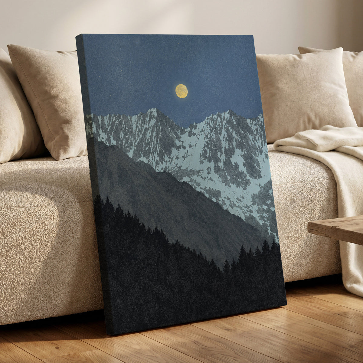 Moon Over Silent Peaks, blue, gray, black nature wall art displayed in a styled interior, gallery view 7