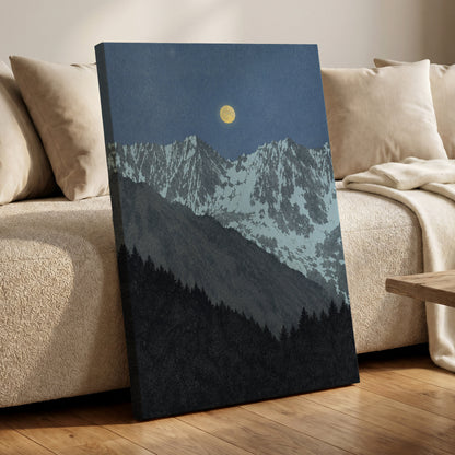 Moon Over Silent Peaks, blue, gray, black nature wall art displayed in a styled interior, gallery view 7
