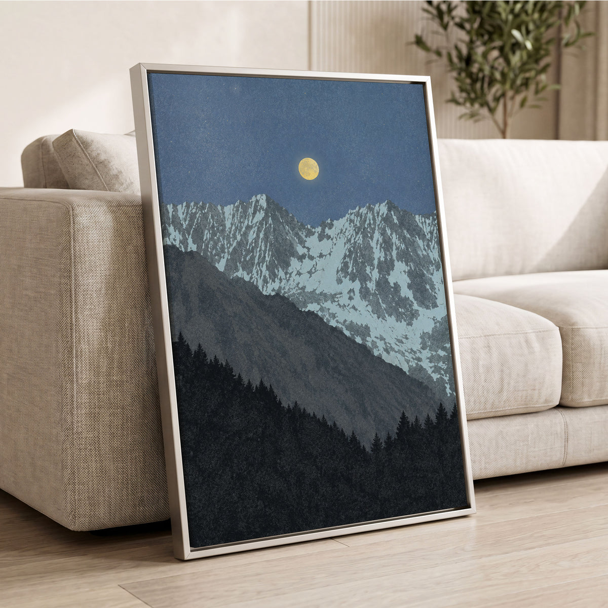 Moon Over Silent Peaks, blue, gray, black nature wall art displayed in a styled interior, gallery view 8