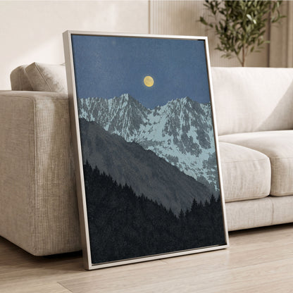 Moon Over Silent Peaks, blue, gray, black nature wall art displayed in a styled interior, gallery view 8