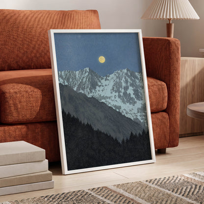 Moon Over Silent Peaks, blue, gray, black nature wall art displayed in a styled interior, gallery view 9